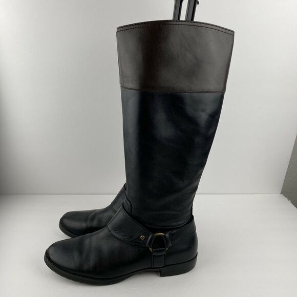 Ralph Lauren Sulita Harness Riding Boots 8 Black Brown Leather Knee High Zip - Picture 5 of 9